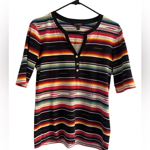 Lauren Ralph Lauren Striped Multicolor Stretch Cotton Henley T-Shirt Size Large - Picture 4 of 13